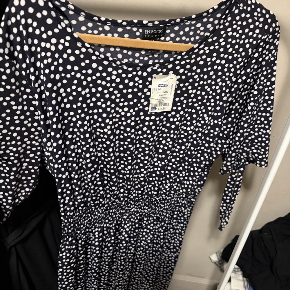 Enfocus Studio Navy Polka Dot Midi Dress with Tie Sleeves